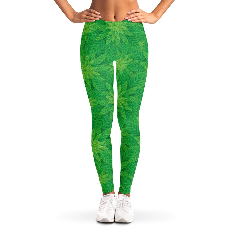 Green Cannabis Leaf Pattern Print Women's Leggings