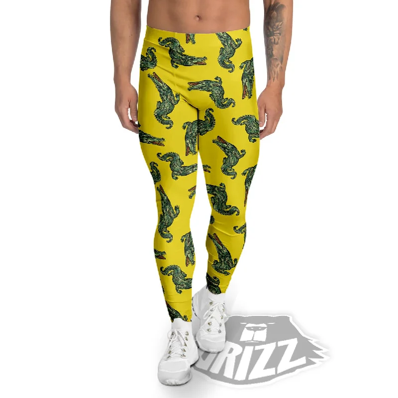 Green Crocodile And Yellow Print Pattern Men's Leggings