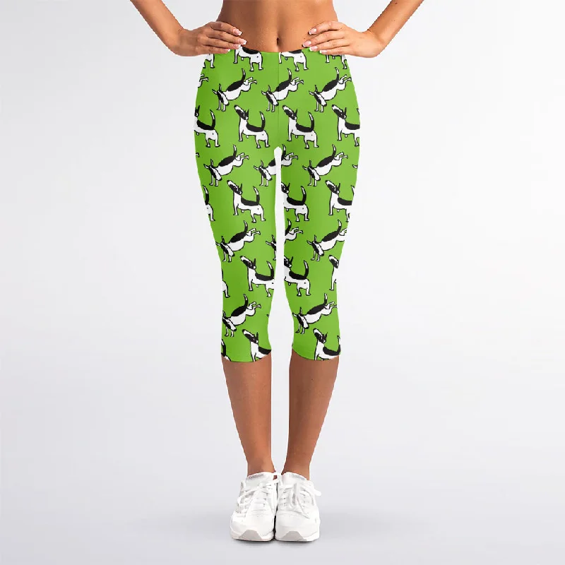 Green Doodle Bull Terrier Pattern Print Women's Capri Leggings