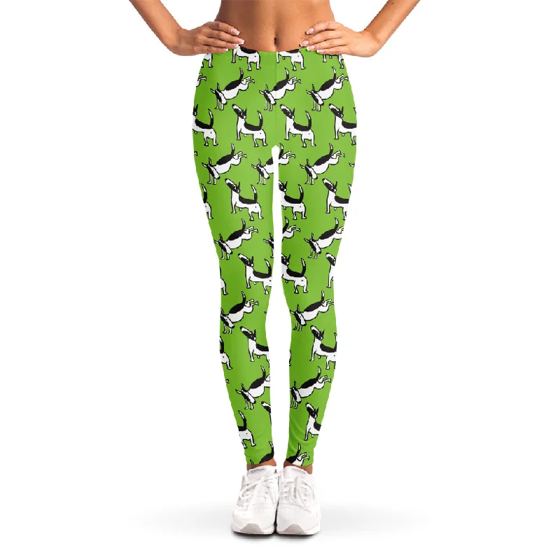 Green Doodle Bull Terrier Pattern Print Women's Leggings