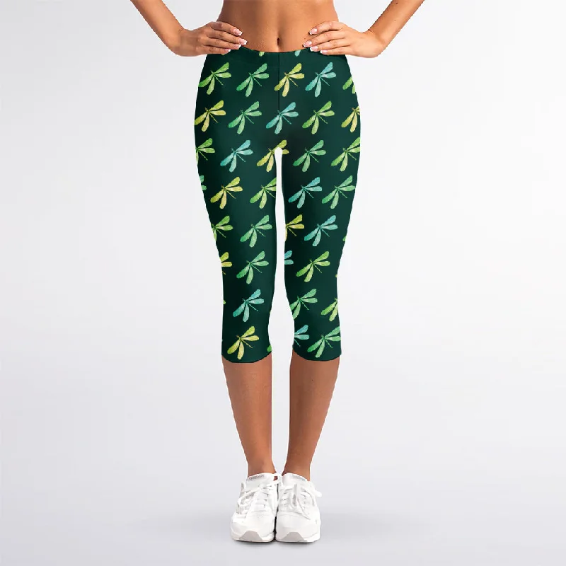 Green Dragonfly Pattern Print Women's Capri Leggings