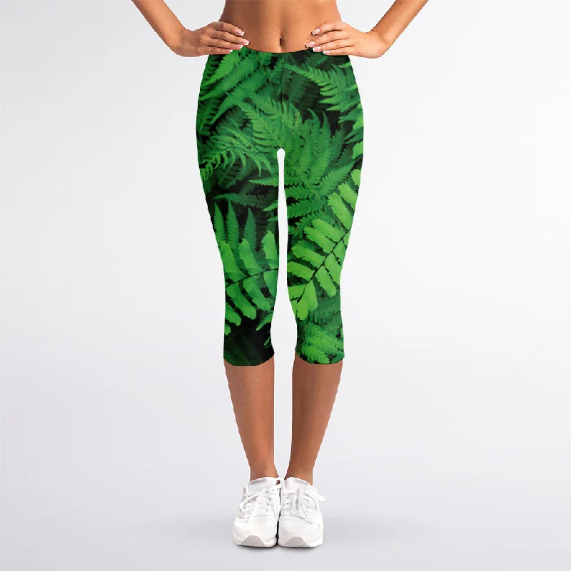 Green Fern Leaf Print Women's Capri Leggings