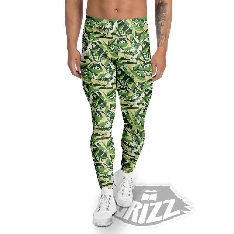 Green Geometric African Jungle Print Pattern Men's Leggings