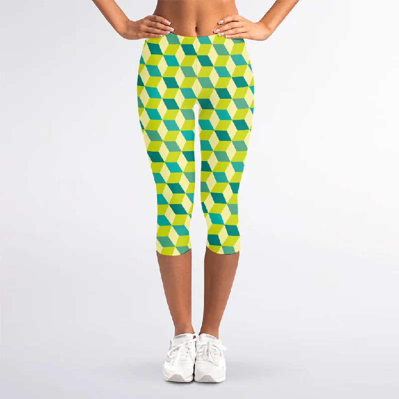 Green Geometric Cube Shape Pattern Print Women's Capri Leggings