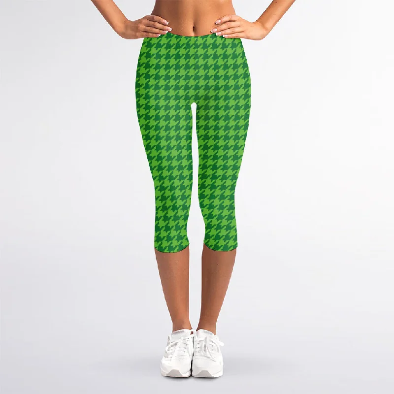 Green Houndstooth Pattern Print Women's Capri Leggings