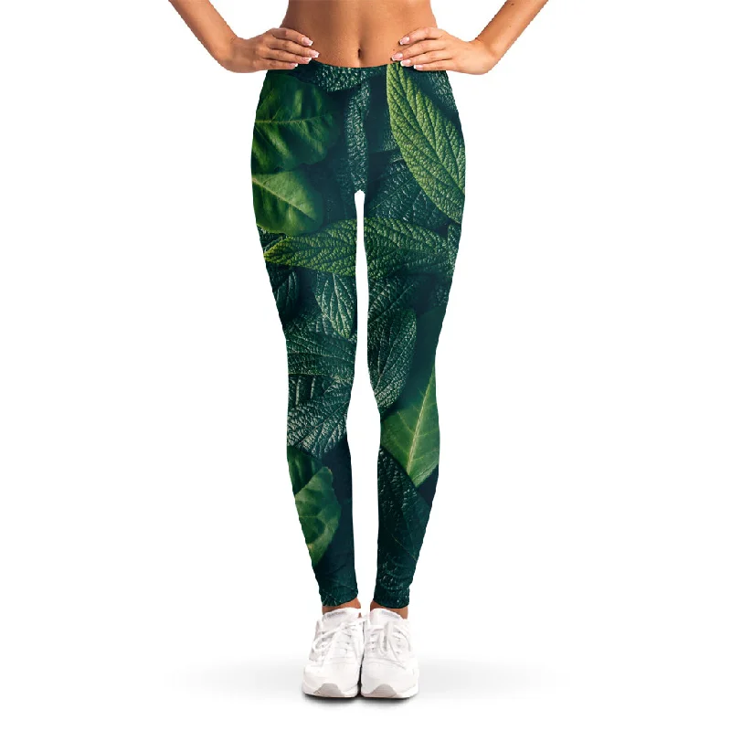 Green Leaves Print Women's Leggings