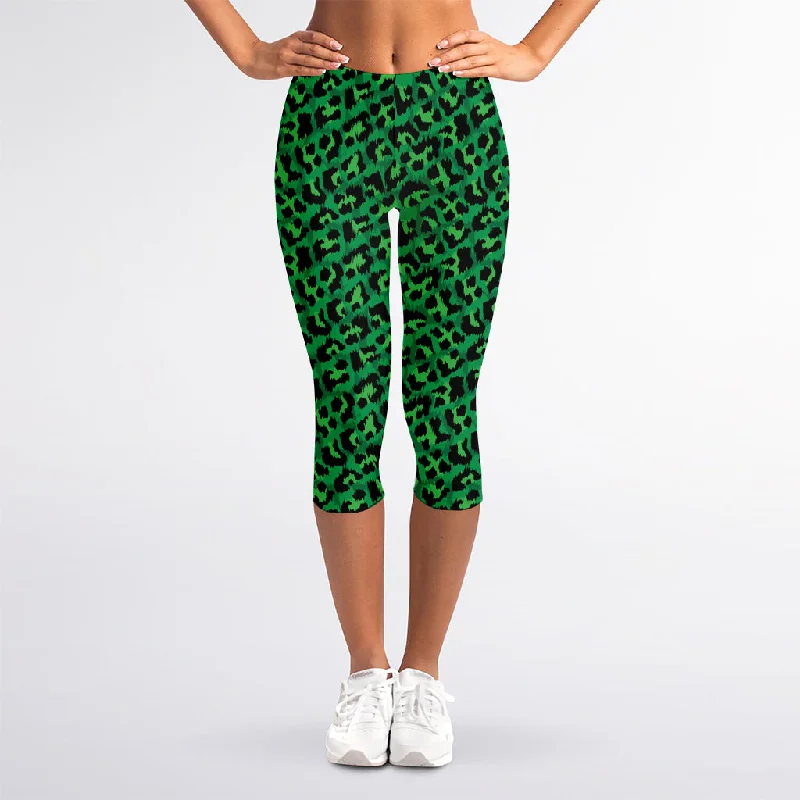 Green Leopard Print Women's Capri Leggings