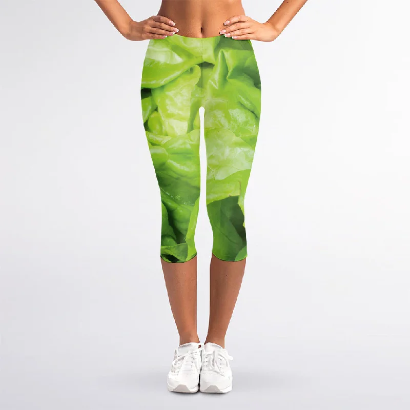 Green Lettuce Leaves Print Women's Capri Leggings