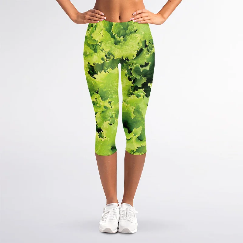 Green Lettuce Salad Print Women's Capri Leggings