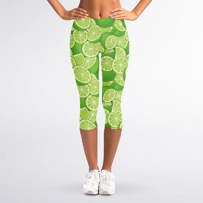 Green Lime Pattern Print Women's Capri Leggings