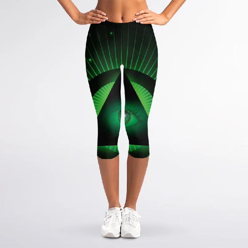 Green Masonic Eye Print Women's Capri Leggings