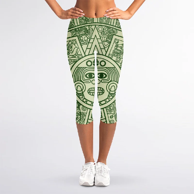 Green Maya Calendar Print Women's Capri Leggings