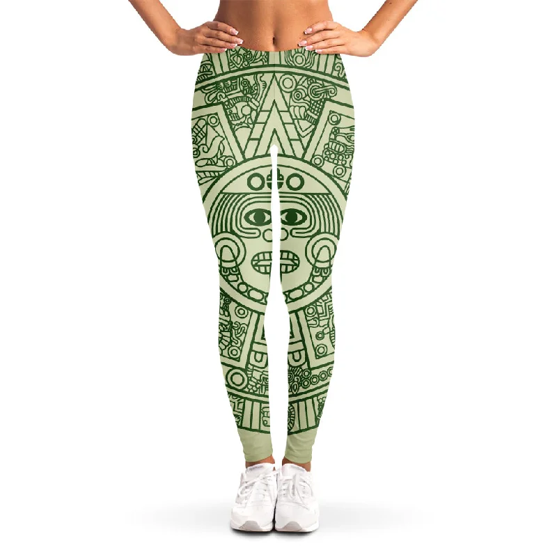 Green Maya Calendar Print Women's Leggings