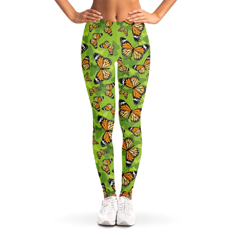 Green Monarch Butterfly Pattern Print Women's Leggings