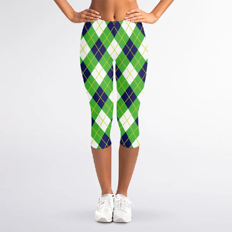 Green Navy And White Argyle Print Women's Capri Leggings