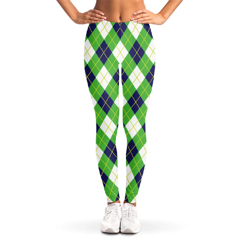 Green Navy And White Argyle Print Women's Leggings