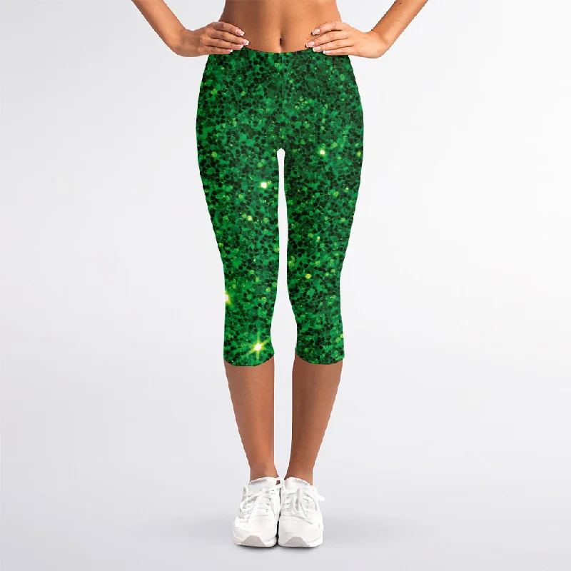 Green (NOT Real) Glitter Print Women's Capri Leggings