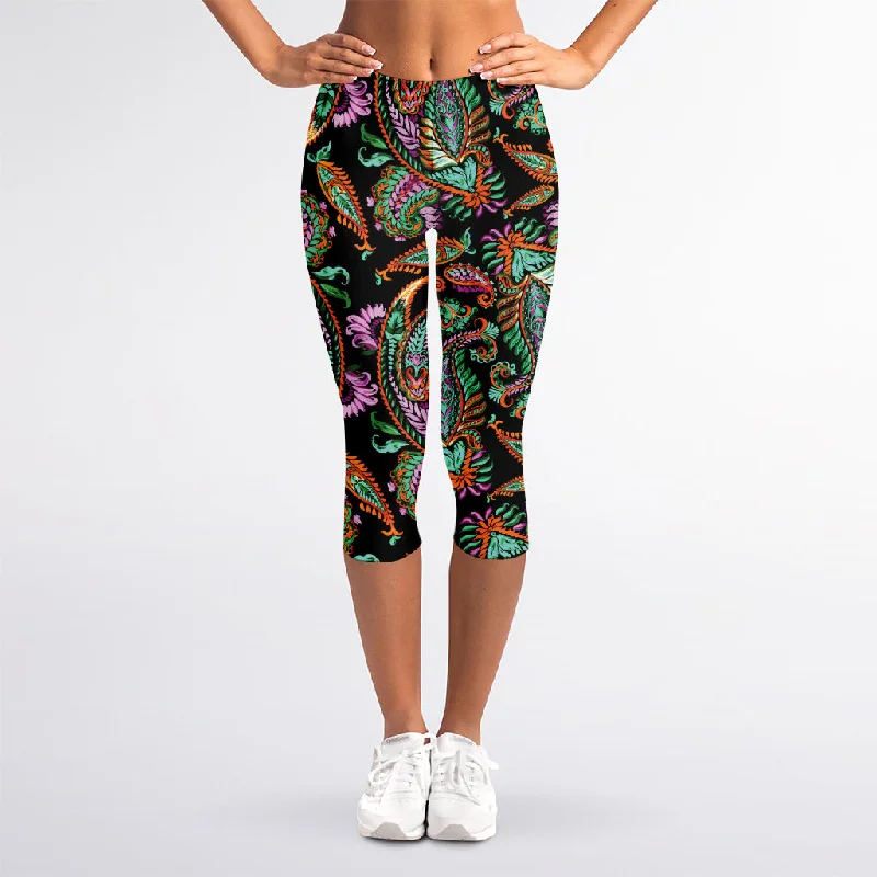 Green Orange And Pink Paisley Print Women's Capri Leggings