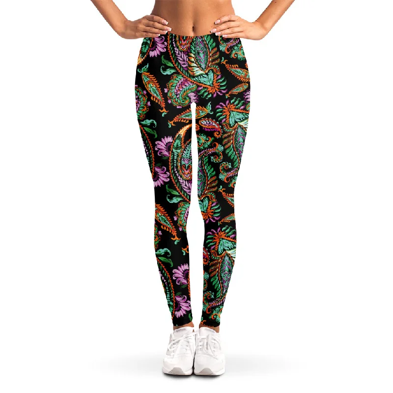 Green Orange And Pink Paisley Print Women's Leggings