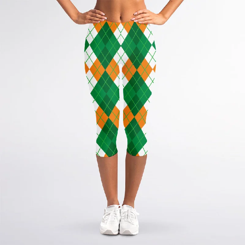 Green Orange And White Argyle Print Women's Capri Leggings