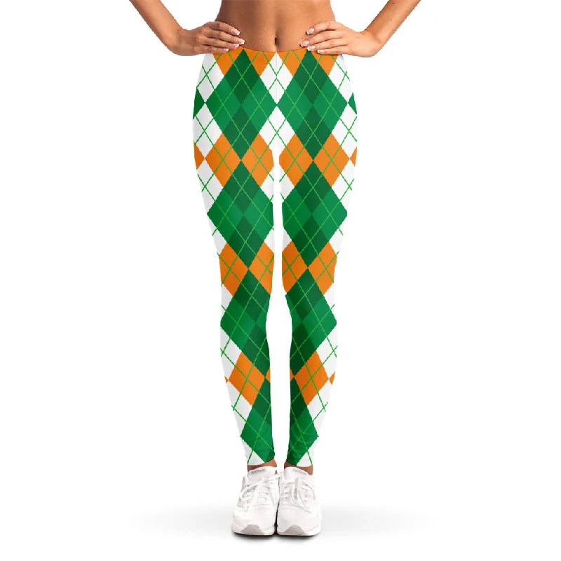 Green Orange And White Argyle Print Women's Leggings