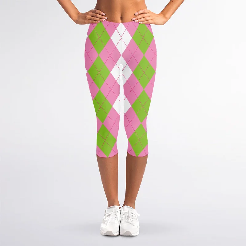 Green Pink And White Argyle Print Women's Capri Leggings