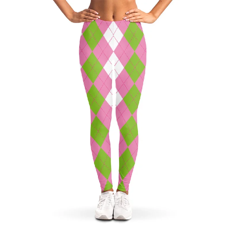 Green Pink And White Argyle Print Women's Leggings