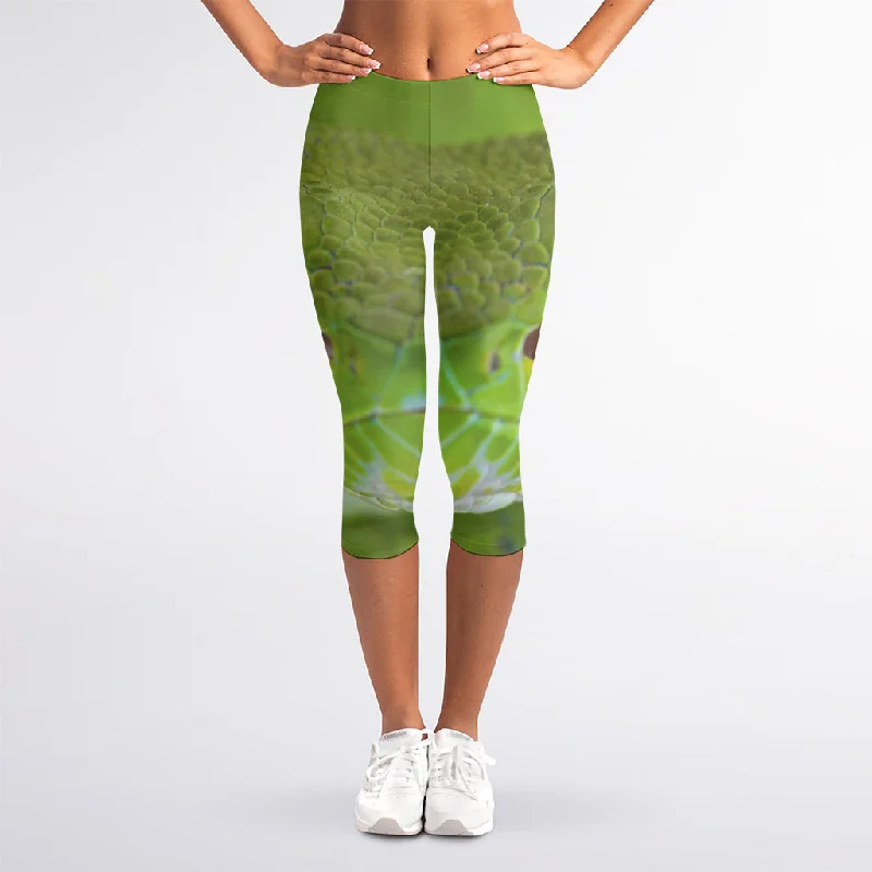 Green Pit Viper Print Women's Capri Leggings