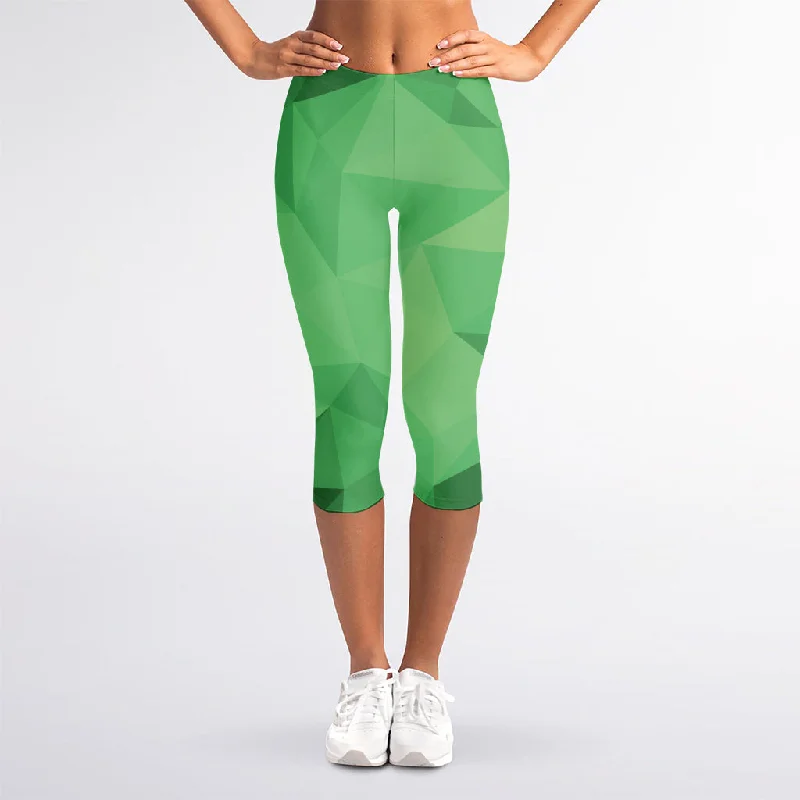 Green Polygonal Geometric Print Women's Capri Leggings