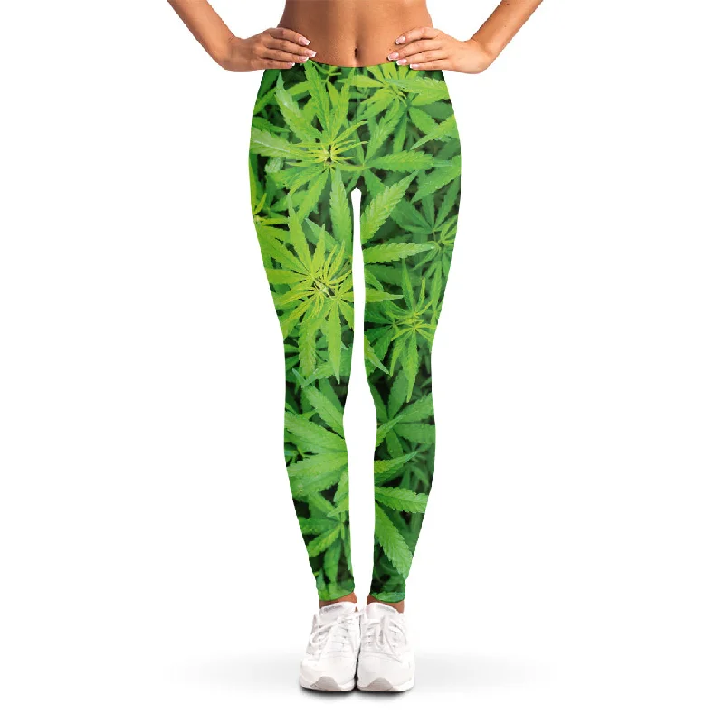 Green Pot Leaf Print Women's Leggings