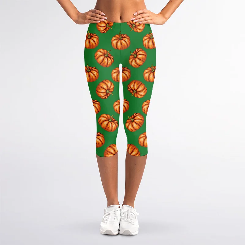 Green Pumpkin Pattern Print Women's Capri Leggings