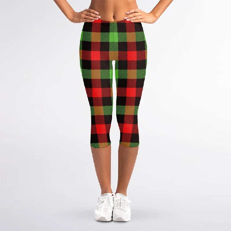 Green Red And Black Buffalo Plaid Print Women's Capri Leggings