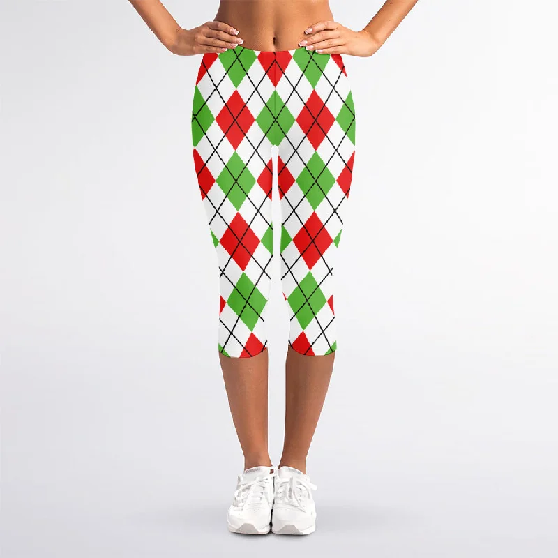 Green Red And White Argyle Pattern Print Women's Capri Leggings