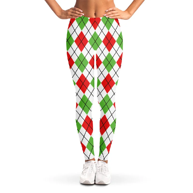 Green Red And White Argyle Pattern Print Women's Leggings