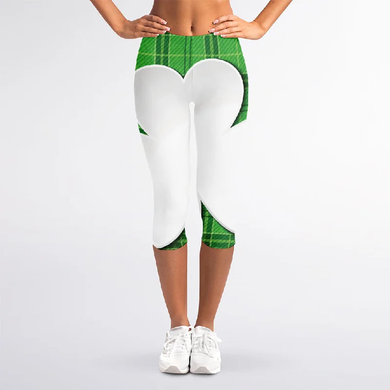 Green Shamrock Tartan Print Women's Capri Leggings