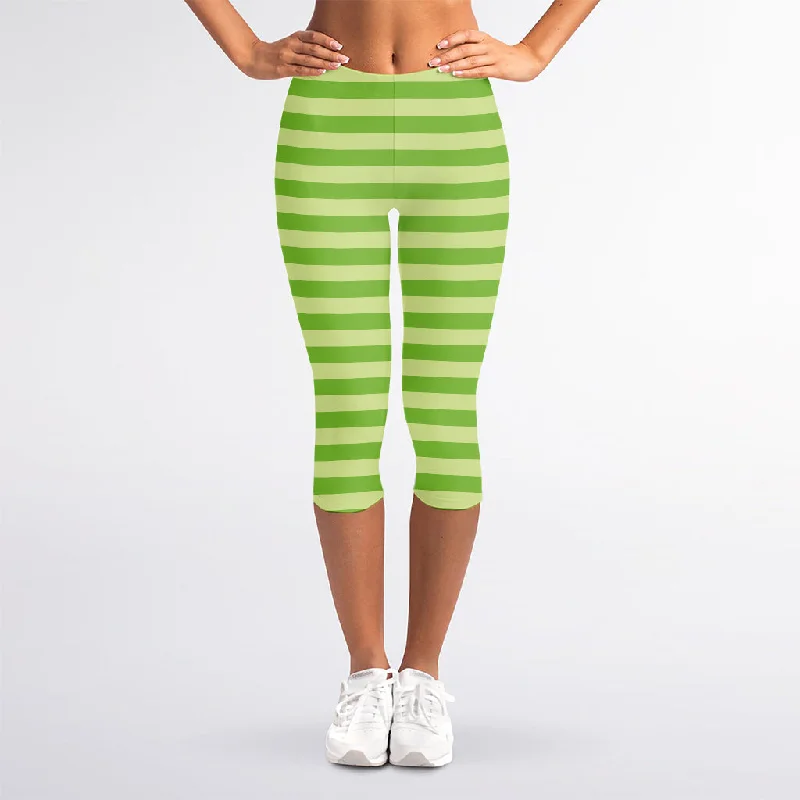 Green Striped Pattern Print Women's Capri Leggings