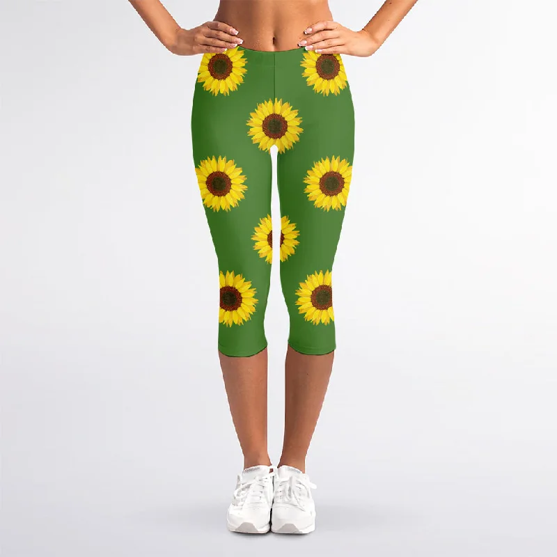 Green Sunflower Pattern Print Women's Capri Leggings