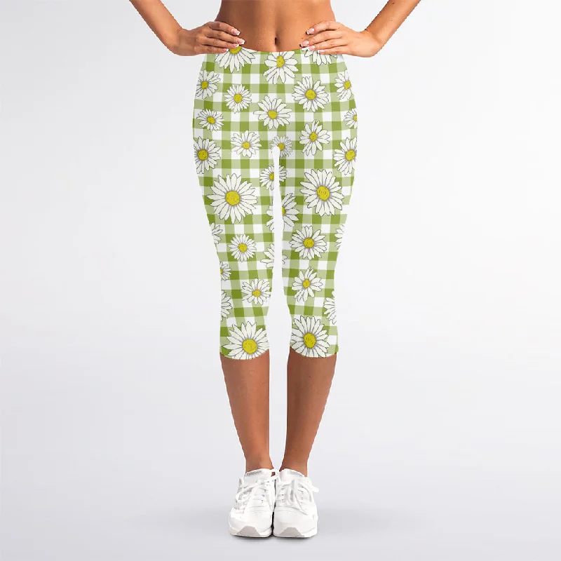 Green Tartan Daisy Pattern Print Women's Capri Leggings