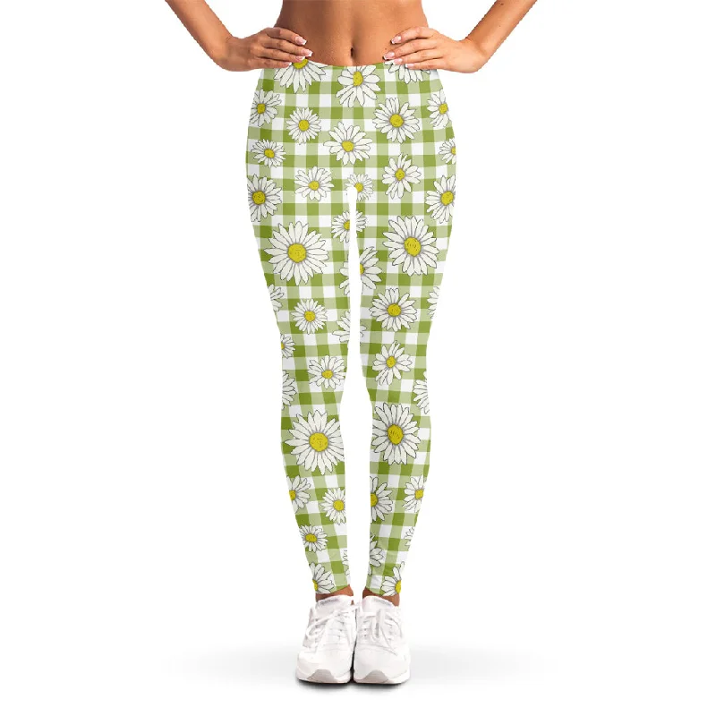 Green Tartan Daisy Pattern Print Women's Leggings