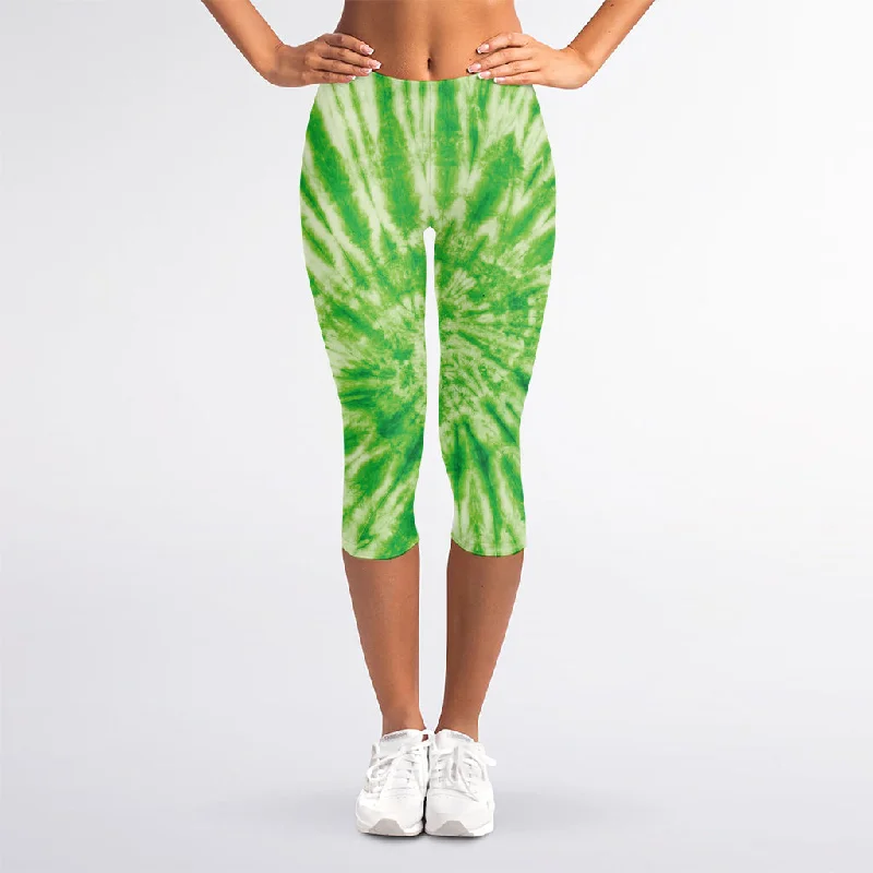 Green Tie Dye Print Women's Capri Leggings