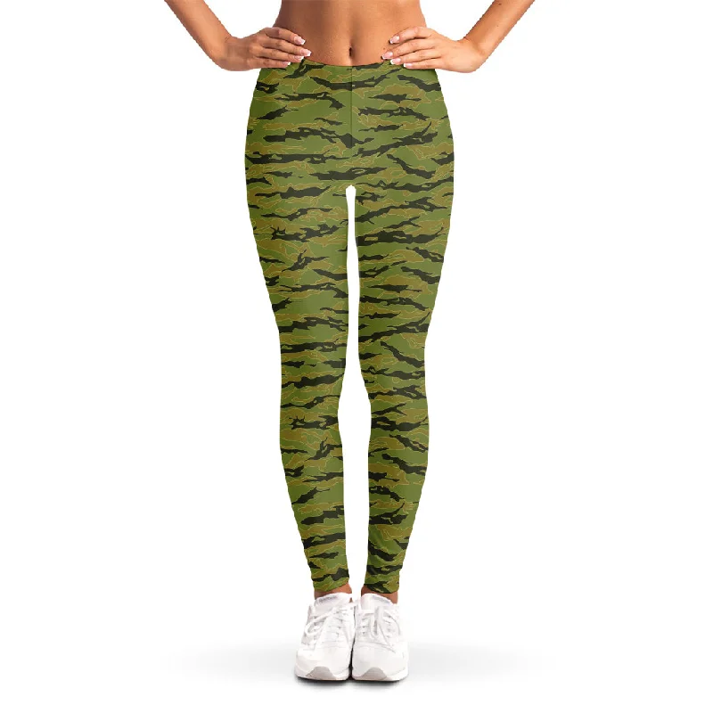 Green Tiger Stripe Camo Pattern Print Women's Leggings