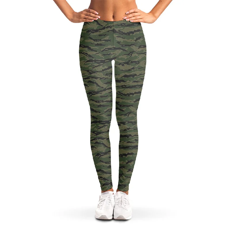 Green Tiger Stripe Camouflage Print Women's Leggings