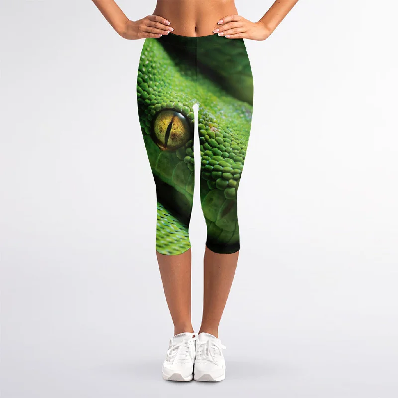 Green Tree Python Snake Print Women's Capri Leggings