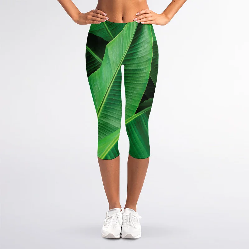 Green Tropical Banana Palm Leaf Print Women's Capri Leggings