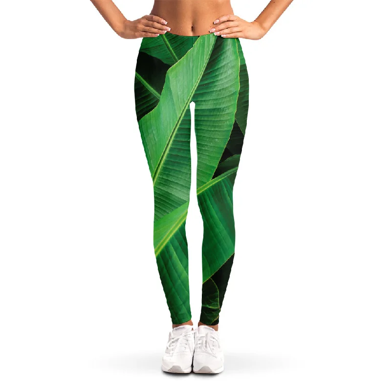 Green Tropical Banana Palm Leaf Print Women's Leggings