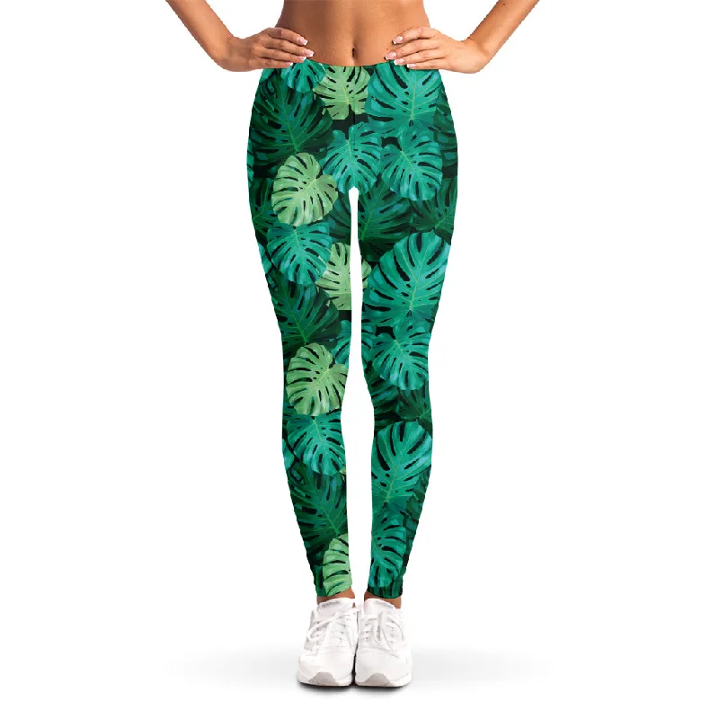 Green Tropical Monstera Pattern Print Women's Leggings