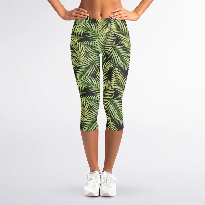 Green Tropical Palm Leaf Pattern Print Women's Capri Leggings