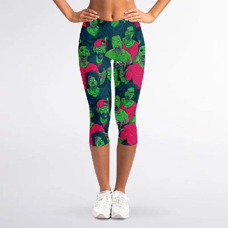 Green Walking Zombie Print Women's Capri Leggings