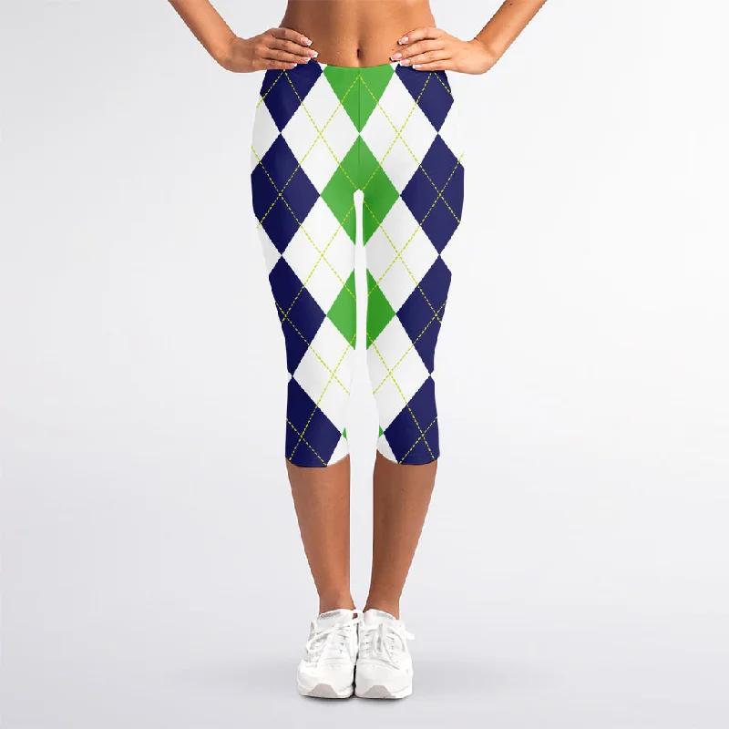 Green White And Navy Argyle Print Women's Capri Leggings