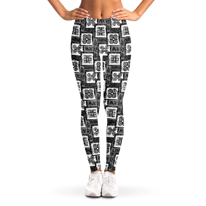 Grey African Adinkra Symbols Print Women's Leggings